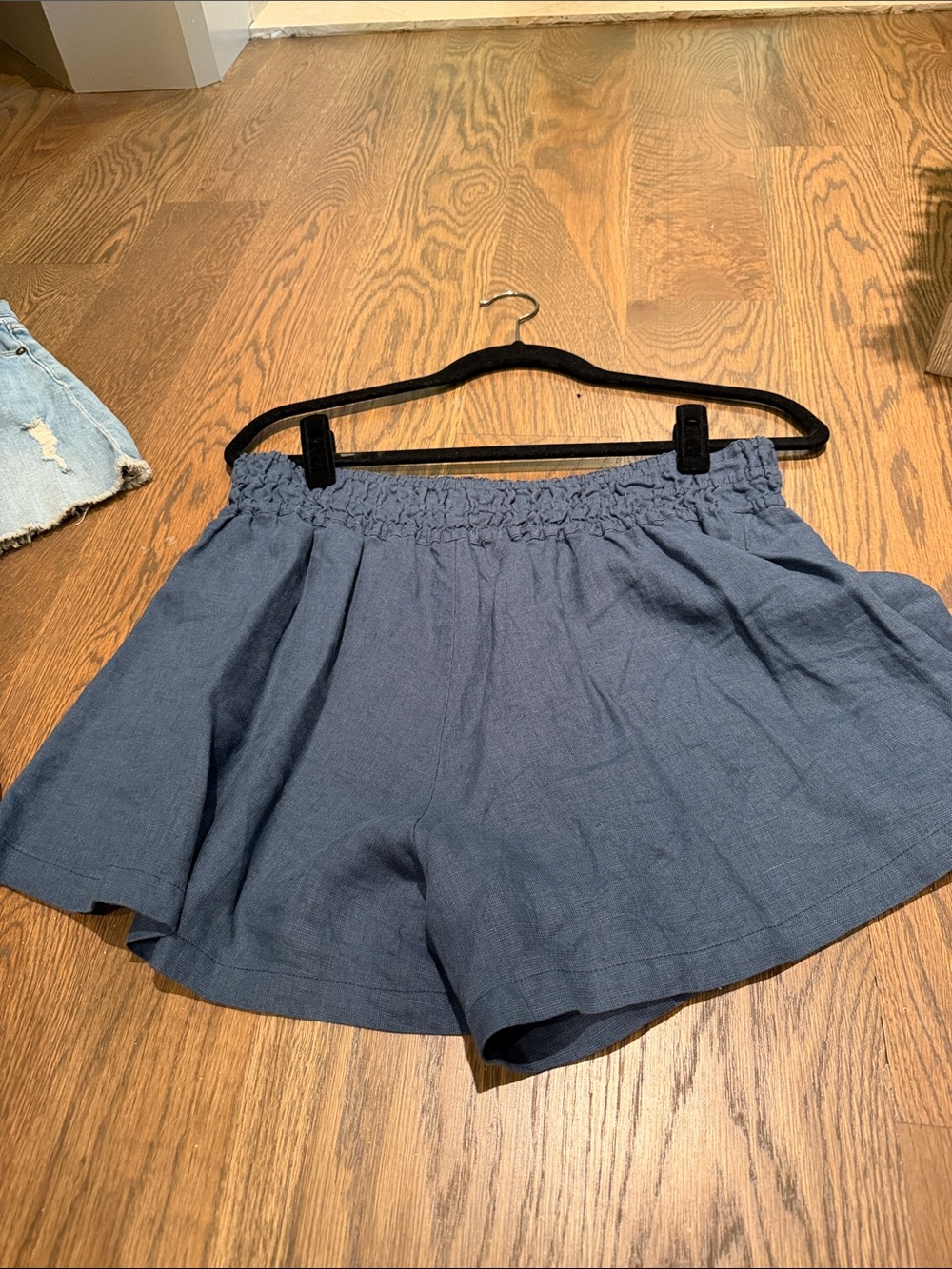 Anthropologie Navy Smocked-Waist Linen-Blend Shorts